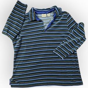 Vtg St. John's Bay Velour Shirt Long Sleeve Sporty Polo Yellow Blue Stripe 1X